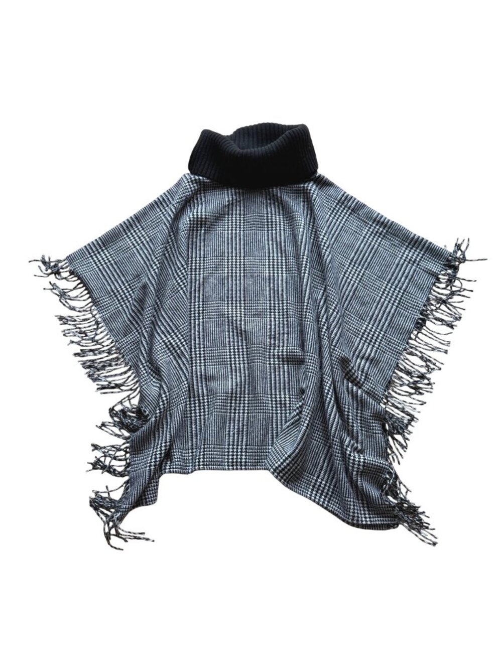 Talbots Women's Poncho Sweater M/L Wool Blend Black Plaid Turtleneck Fringe Cape